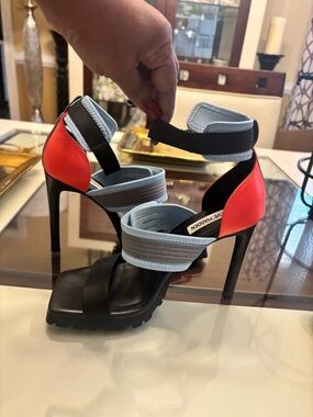 Steve Madden Red and Light Blue Strappy Stiletto Sandals with Black Sole